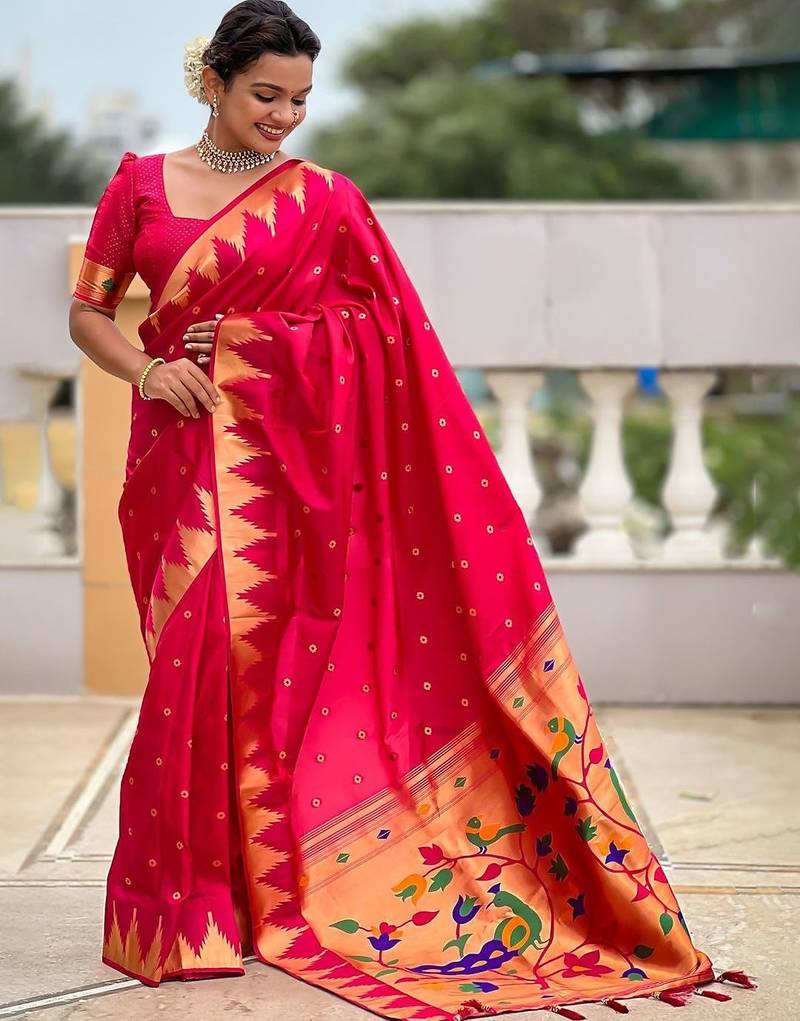 Pink ethnic motifs woven design paithani saree