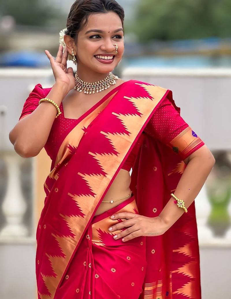 Pink ethnic motifs woven design paithani saree