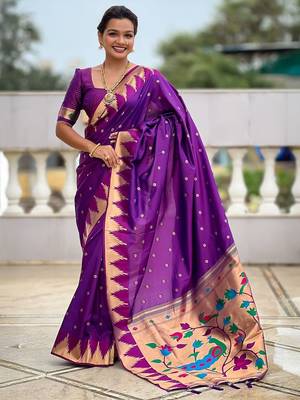 Purple ethnic motifs woven design kanjeevaram soft silk saree with blouse piece 1