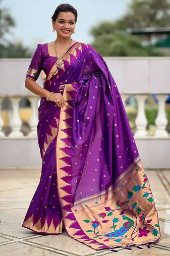 Purple ethnic motifs woven design kanjeevaram soft silk saree with blouse piece
