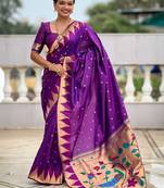 Purple ethnic motifs woven design kanjeevaram soft silk saree with blouse piece