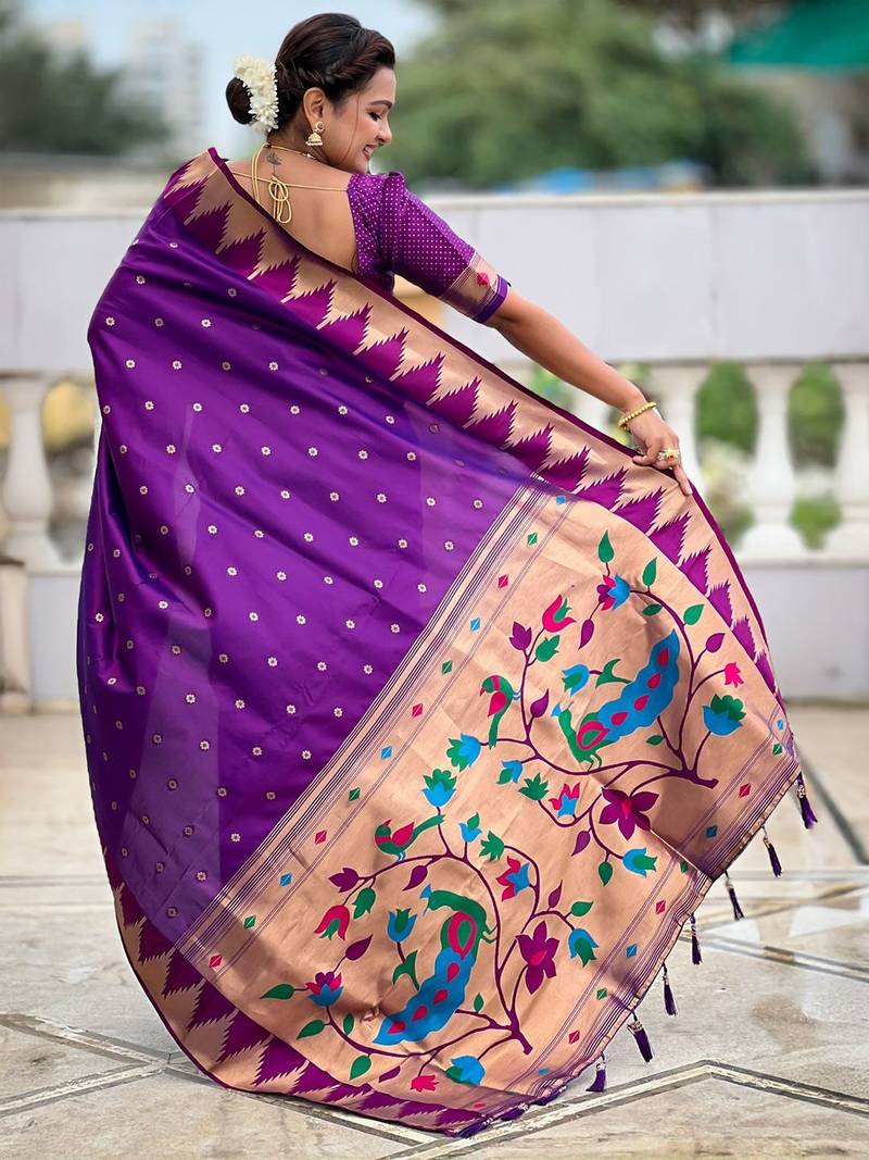 Purple ethnic motifs woven design kanjeevaram soft silk saree with blouse piece