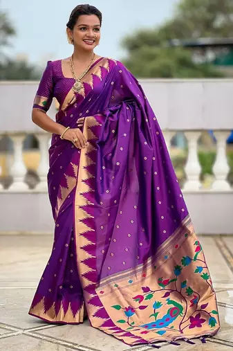 Purple ethnic motifs woven design kanjeevaram soft silk saree with blouse piece