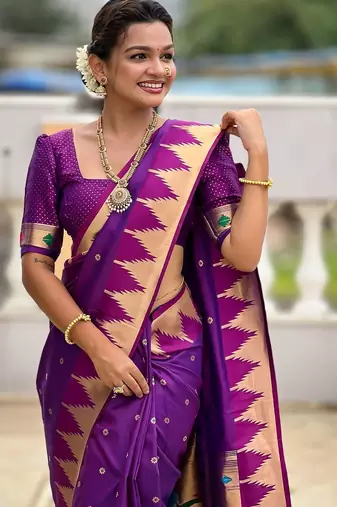 Purple ethnic motifs woven design kanjeevaram soft silk saree with blouse piece