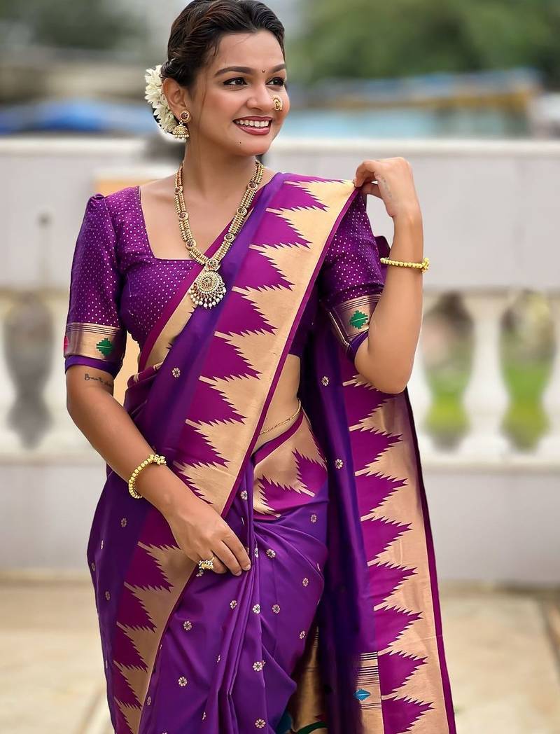Purple ethnic motifs woven design kanjeevaram soft silk saree with blouse piece