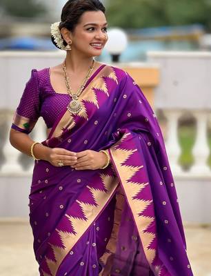 Purple ethnic motifs woven design kanjeevaram soft silk saree with blouse piece 5