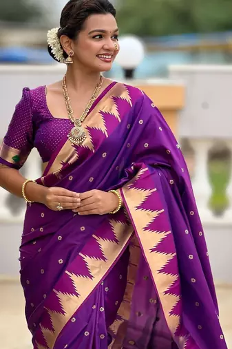 Purple ethnic motifs woven design kanjeevaram soft silk saree with blouse piece