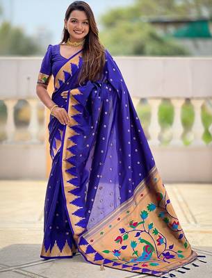 Blue ethnic motif ethnic motif zari kanjivaram paithani saree 1