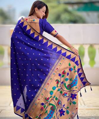 Blue ethnic motif ethnic motif zari kanjivaram paithani saree 2