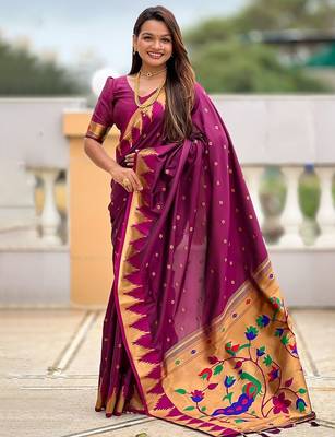 Maroon ethnic motifs zari kanjeevaram saree 1