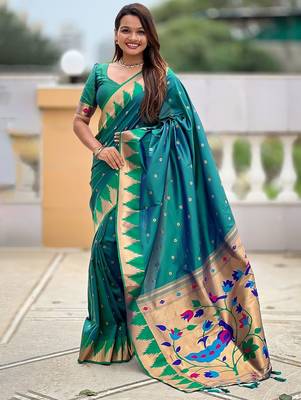 Green ethnic motifs woven design zari detail paithani saree 1