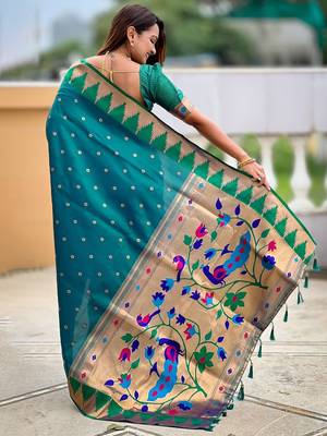 Green ethnic motifs woven design zari detail paithani saree 2