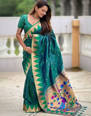 Green ethnic motifs woven design zari detail paithani saree 3