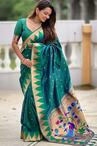 Green ethnic motifs woven design zari detail paithani saree