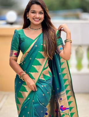 Green ethnic motifs woven design zari detail paithani saree 4