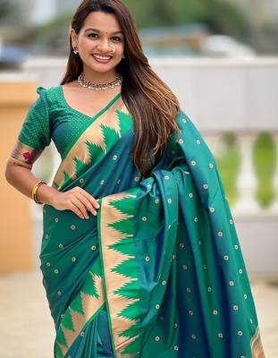 Green ethnic motifs woven design zari detail paithani saree 5