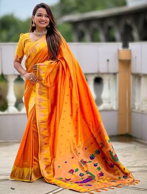 Orange women woven design zari paithni saree 1