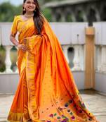 Orange women woven design zari paithni saree