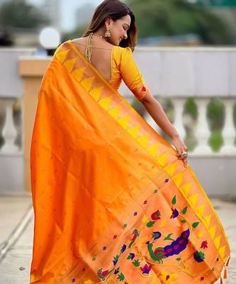 Orange women woven design zari paithni saree 2