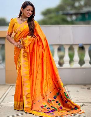 Orange women woven design zari paithni saree 3