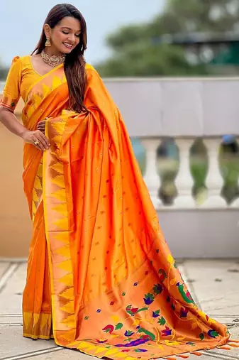 Orange women woven design zari paithni saree