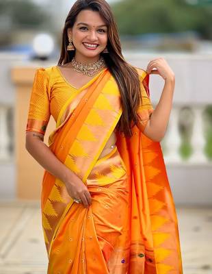Orange women woven design zari paithni saree 4
