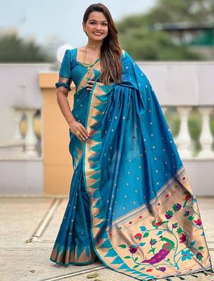 Blue floral woven design paithani sarees 1