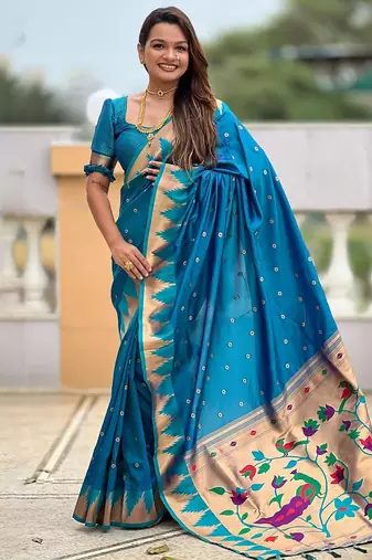 Blue floral woven design paithani sarees