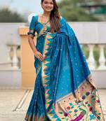 Blue floral woven design paithani sarees