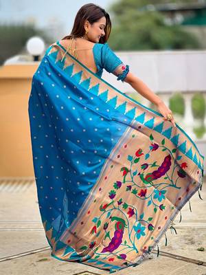 Blue floral woven design paithani sarees 2