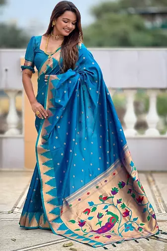 Blue floral woven design paithani sarees