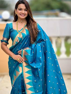 Blue floral woven design paithani sarees 5