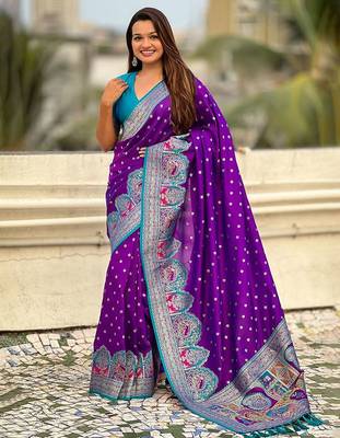 Purple woven design zari banarasi saree with blouse piece 1