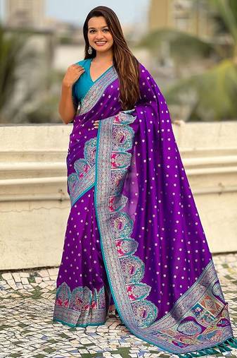 Purple woven design zari banarasi saree with blouse piece