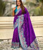 Purple woven design zari banarasi saree with blouse piece