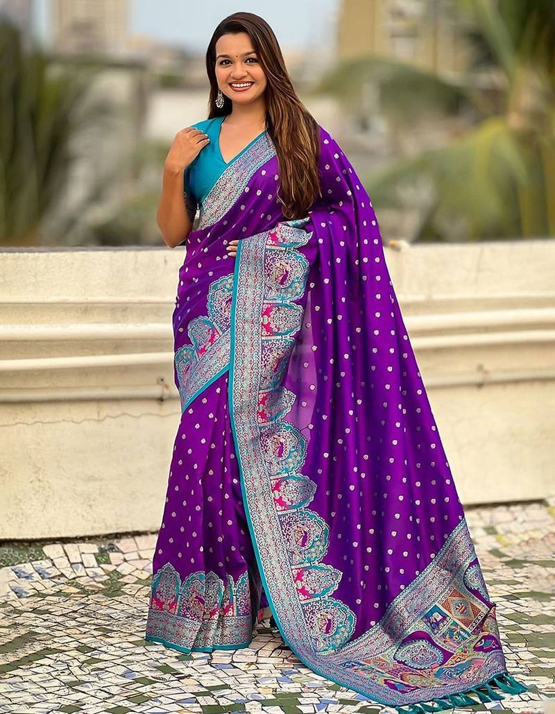 Purple woven design zari banarasi saree with blouse piece