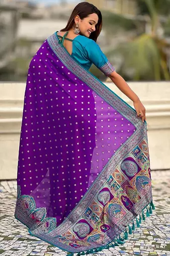 Purple woven design zari banarasi saree with blouse piece