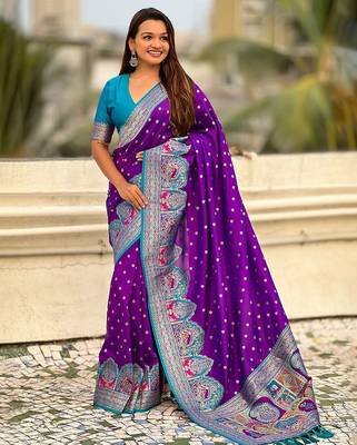 Purple woven design zari banarasi saree with blouse piece 3