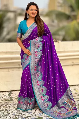 Purple woven design zari banarasi saree with blouse piece