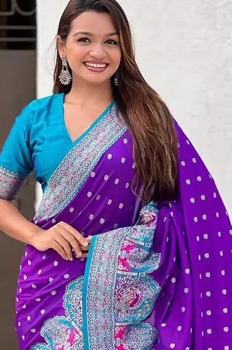 Purple woven design zari banarasi saree with blouse piece