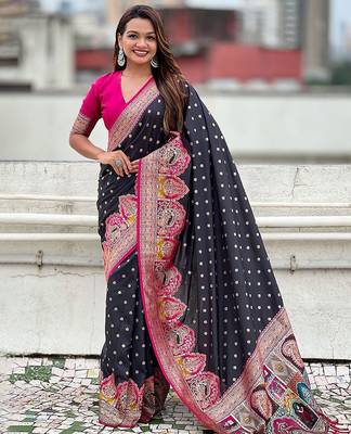 Black durga ethnic motifs woven design zari banarasi saree 1