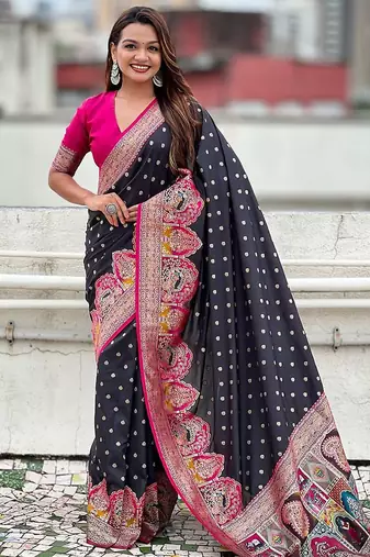 Black durga ethnic motifs woven design zari banarasi saree