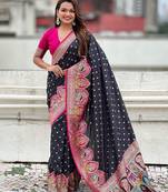 Black durga ethnic motifs woven design zari banarasi saree