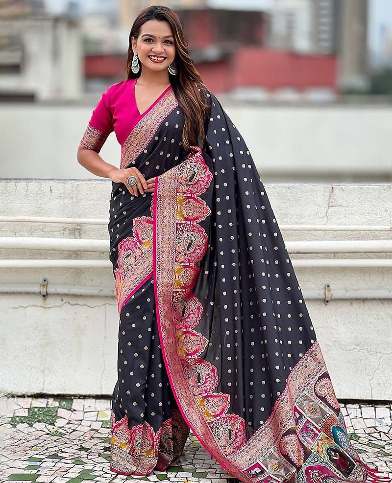 Black durga ethnic motifs woven design zari banarasi saree