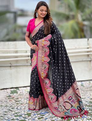 Black durga ethnic motifs woven design zari banarasi saree 2