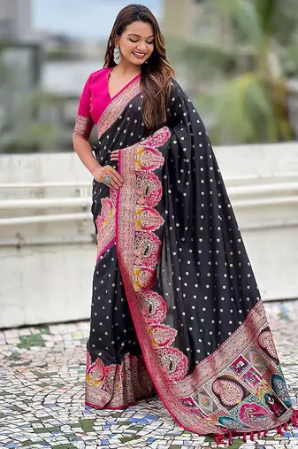 Black durga ethnic motifs woven design zari banarasi saree