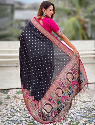 Black durga ethnic motifs woven design zari banarasi saree 3