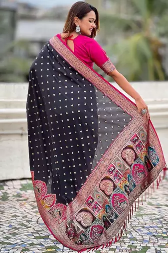 Black durga ethnic motifs woven design zari banarasi saree