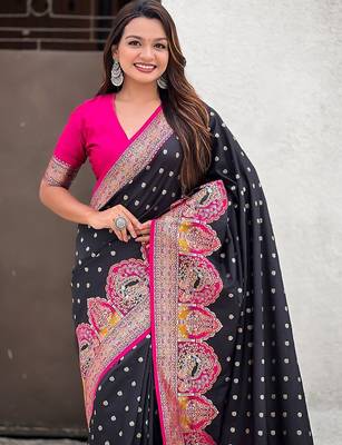 Black durga ethnic motifs woven design zari banarasi saree 4