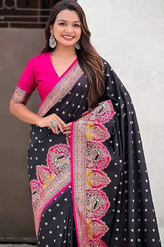Black durga ethnic motifs woven design zari banarasi saree